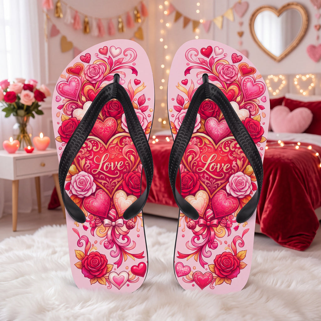 Valentine's Day Flip Flops – Pink Hearts and Roses Love Sandals