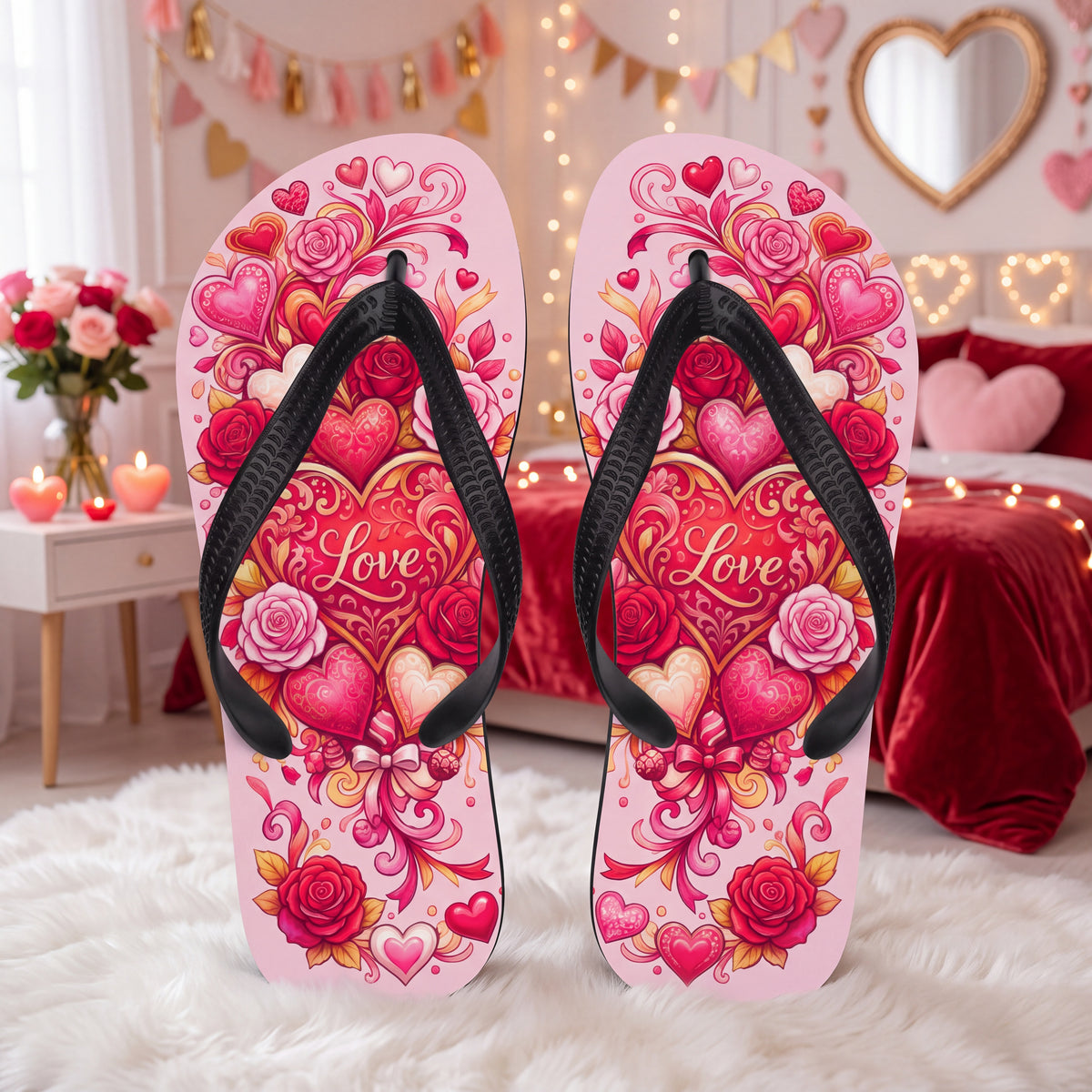 Valentine's Day Flip Flops – Pink Hearts and Roses Love Sandals