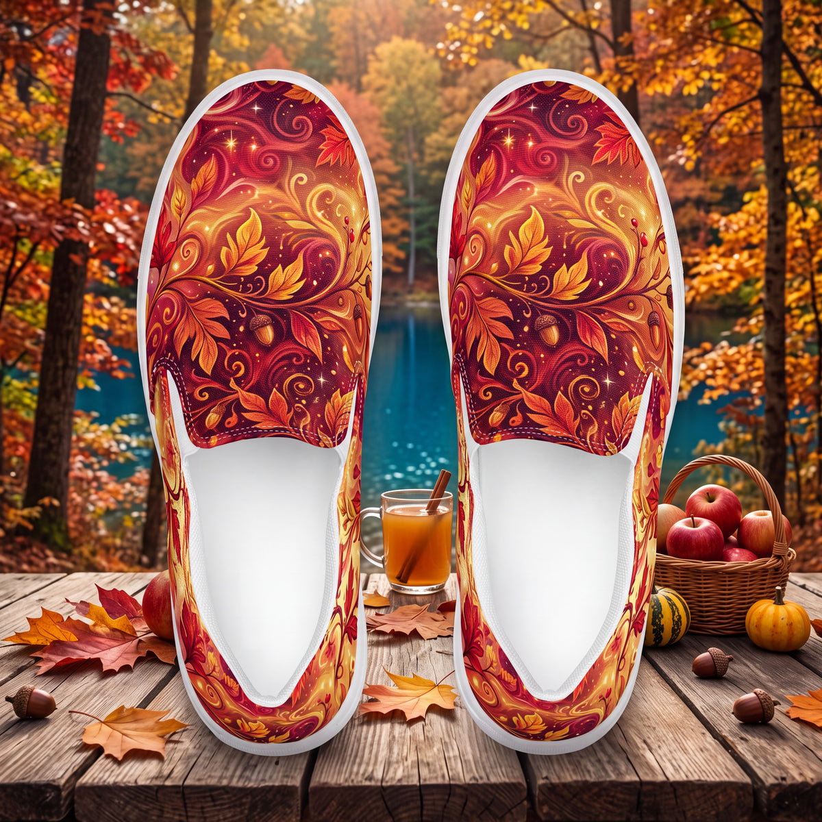 Women's Autumn Leaves Slip-On Shoes – Burnt Orange, Burgundy & Gold Fall Canvas Sneakers