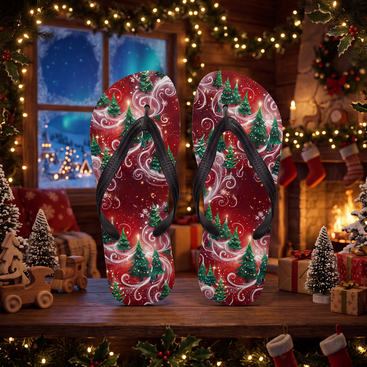 Christmas Tree Flip Flops | Red & Green Snowy Holiday Sandals