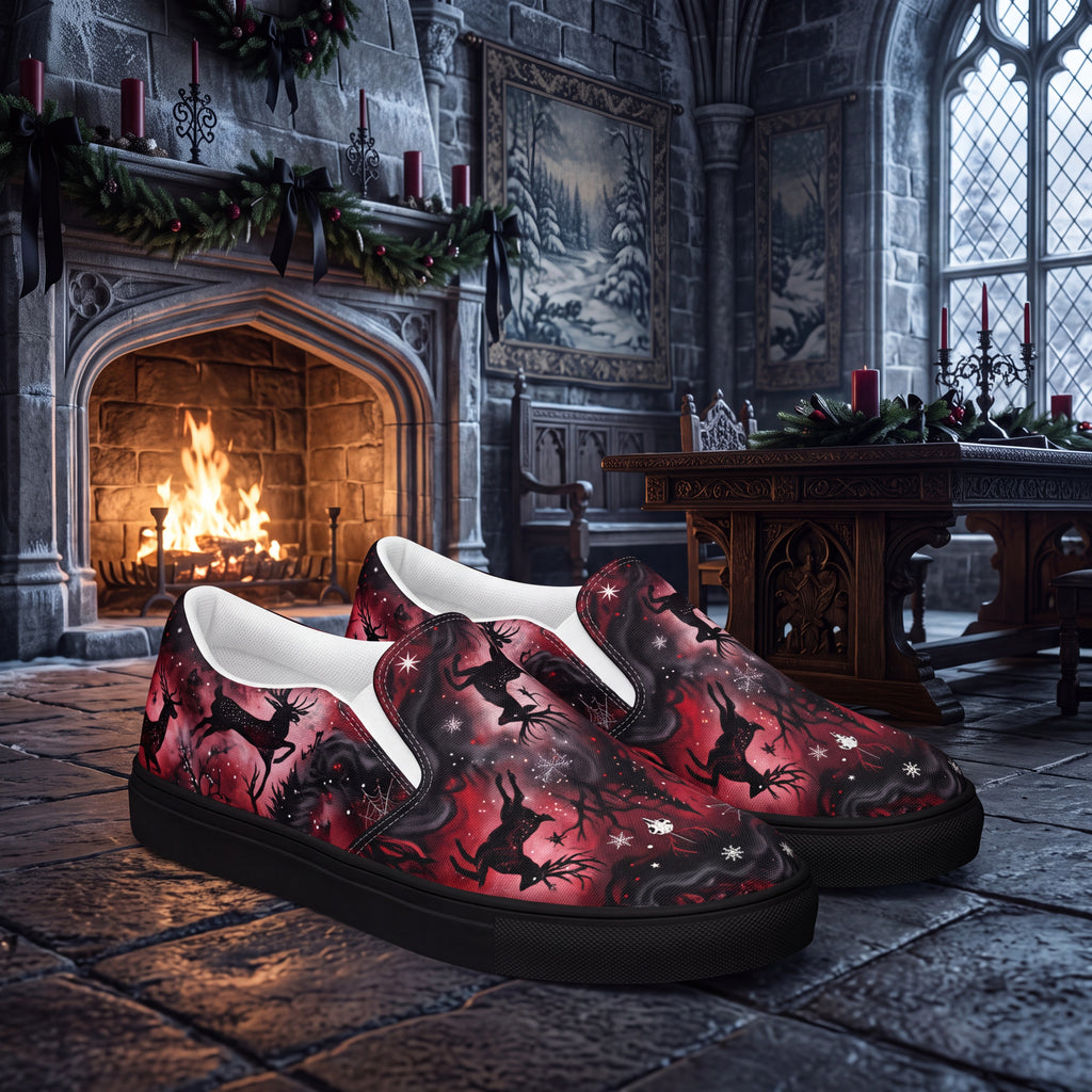 Women’s Gothic Christmas Reindeer Slip-On Shoes | Red & Black Gothmas Canvas Sneakers