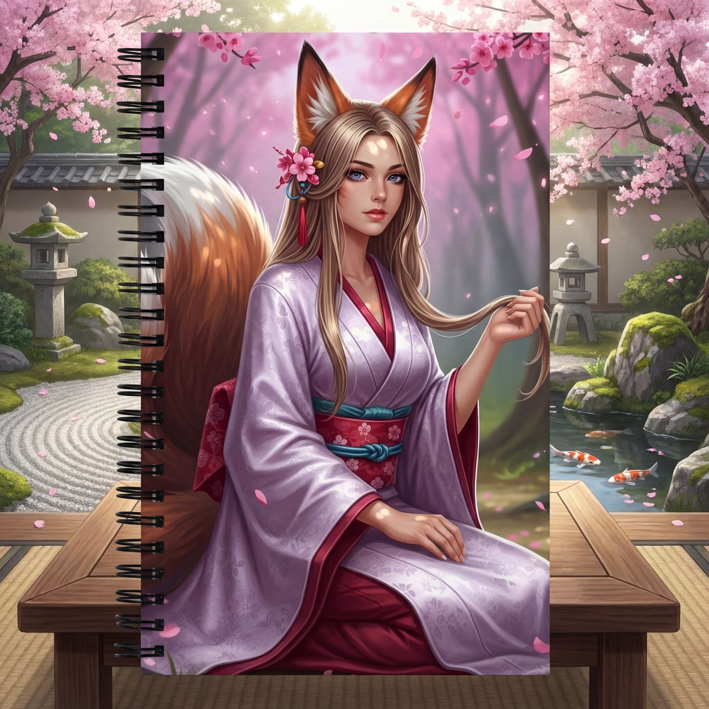 Kitsune Girl Spiral Notebook | Sakura Fox Spirit Journal | Dotted Pages