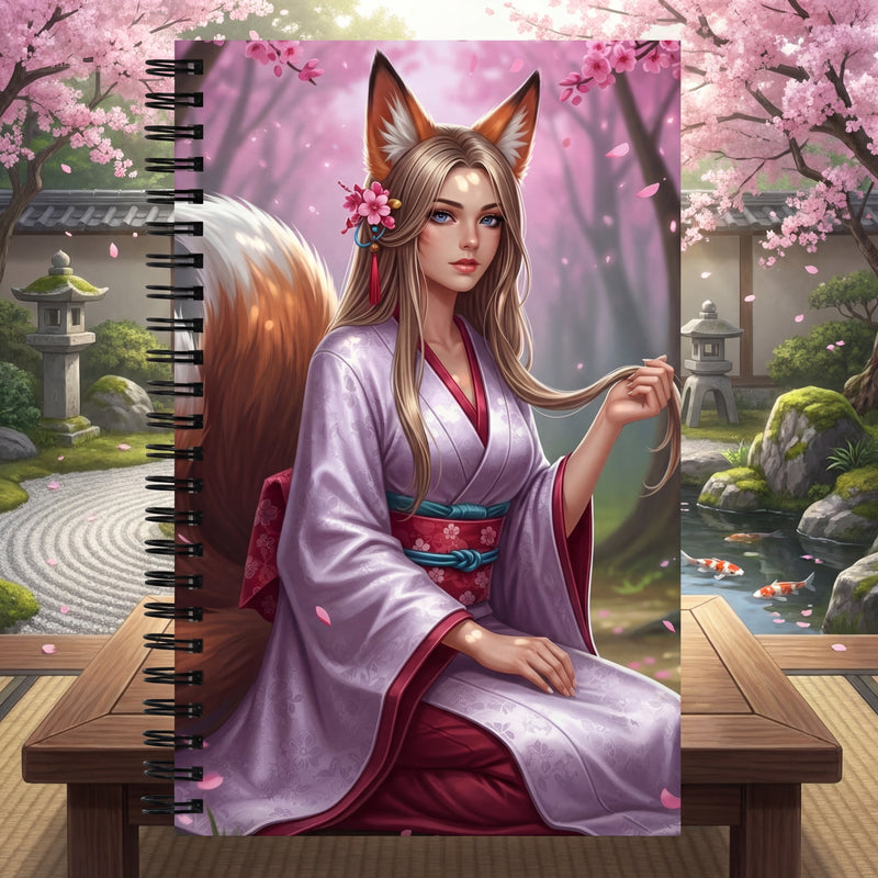 Kitsune Girl Spiral Notebook | Sakura Fox Spirit Journal | Dotted Pages