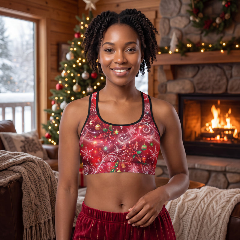 Christmas Snowflake Padded Sports Bra – Red Festive Swirl Racerback Workout Top