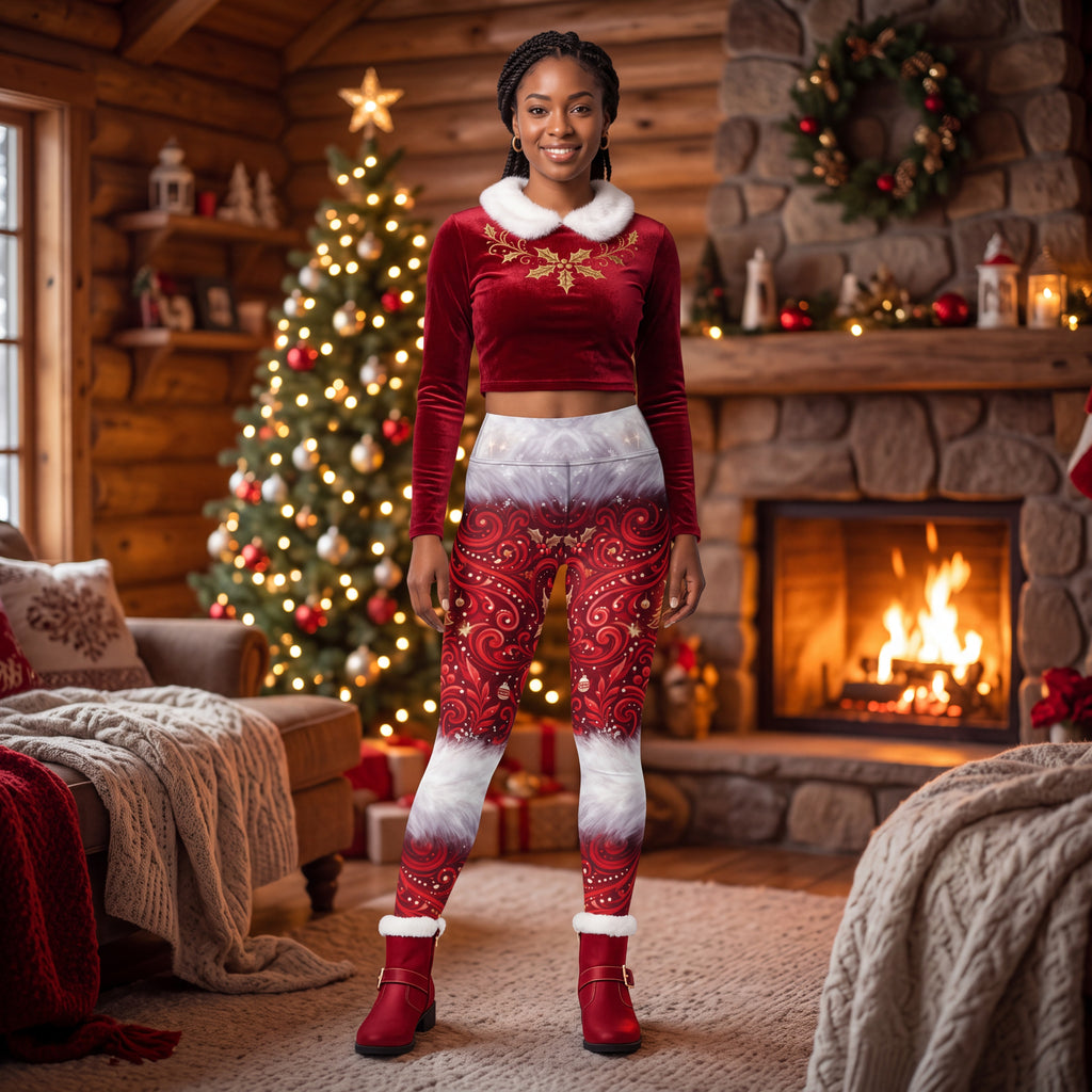 Christmas Yoga Leggings – Red Paisley Santa-Inspired Holiday Print