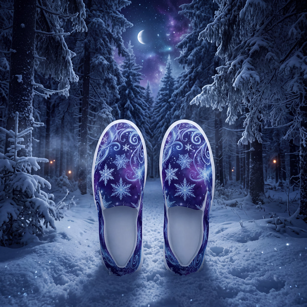 Women’s Winter Snowflake Slip-On Shoes – Purple Celestial Canvas Sneakers with Moon, Stars & Icy Swirls