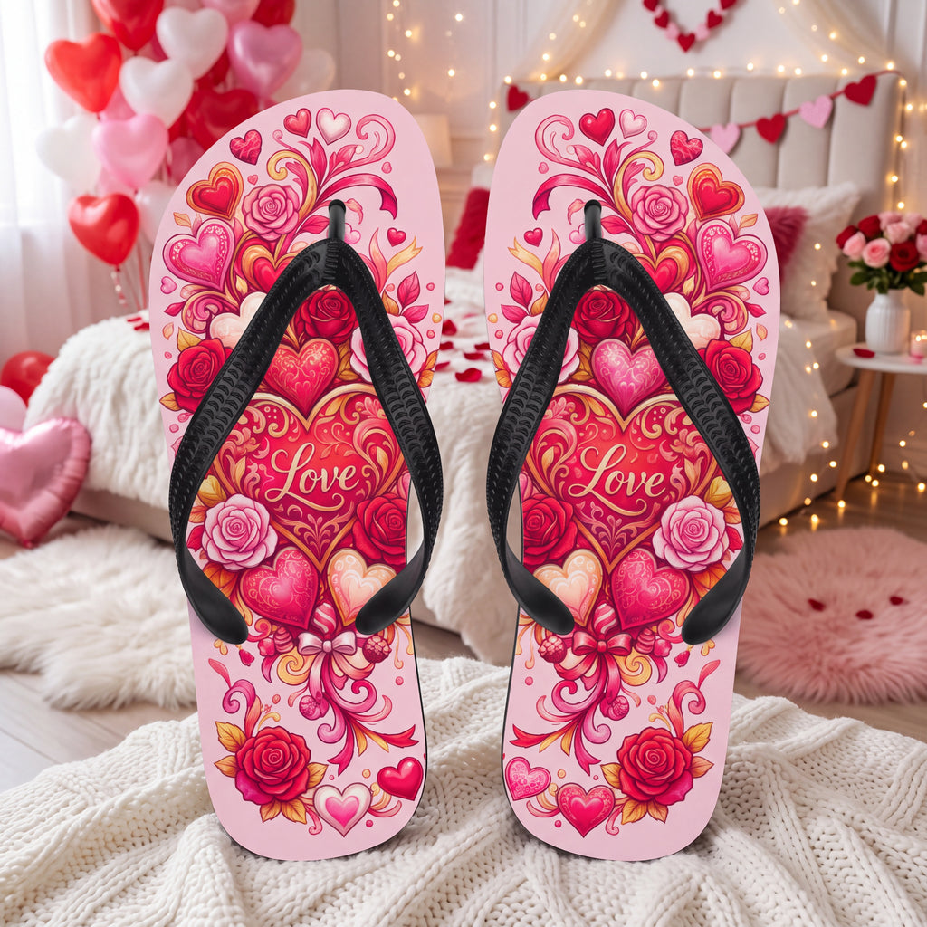 Valentine's Day Flip Flops – Pink Hearts and Roses Love Sandals
