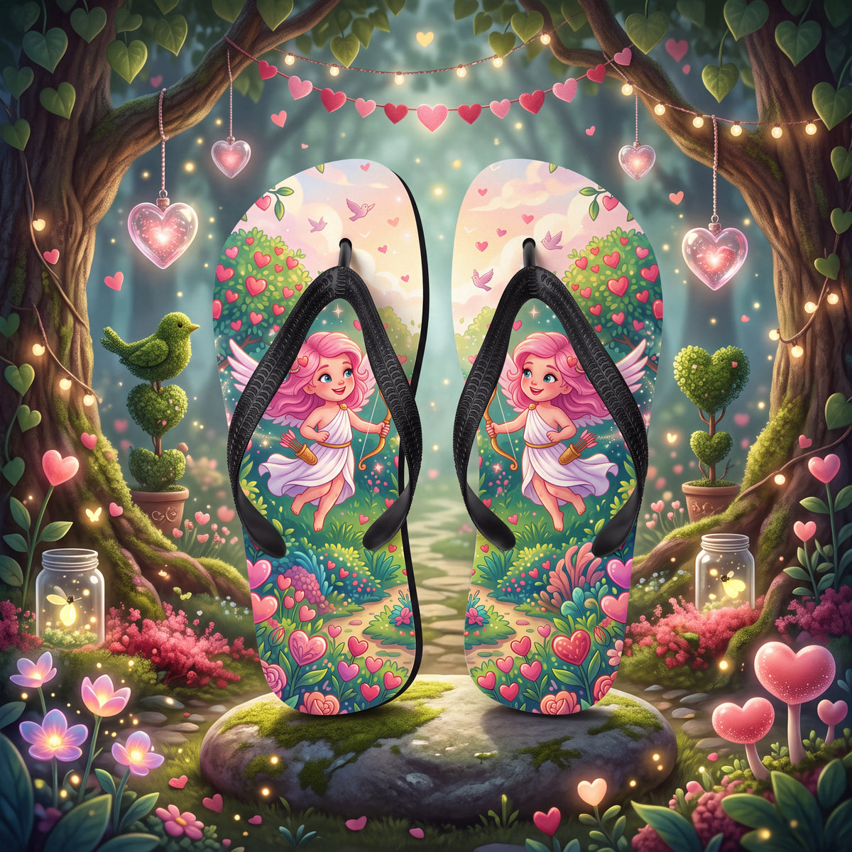 Cupid Girl Flip Flops - Pink Heart Garden Valentine Sandals