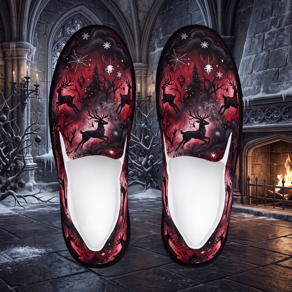 Women’s Gothic Christmas Reindeer Slip-On Shoes | Red & Black Gothmas Canvas Sneakers