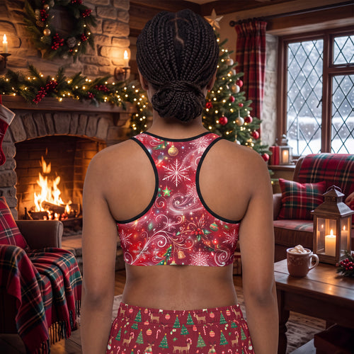 Christmas Snowflake Padded Sports Bra – Red Festive Swirl Racerback Workout Top