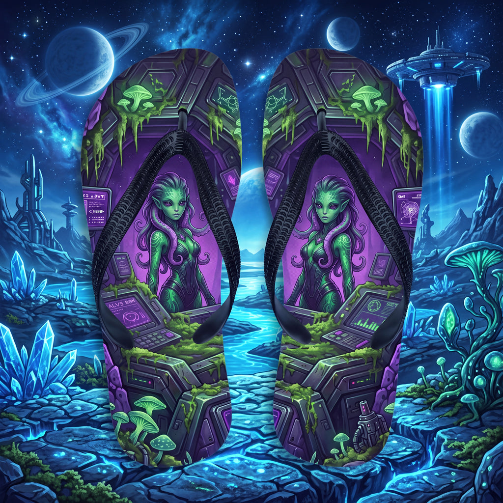 Alien Girl Flip Flops – Green Sci-Fi Laboratory Fantasy Sandals