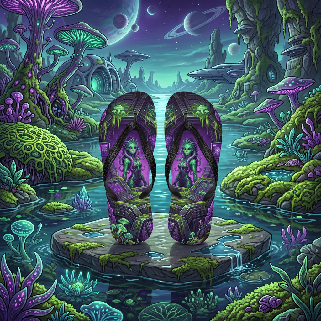 Alien Girl Flip Flops – Green Sci-Fi Laboratory Fantasy Sandals