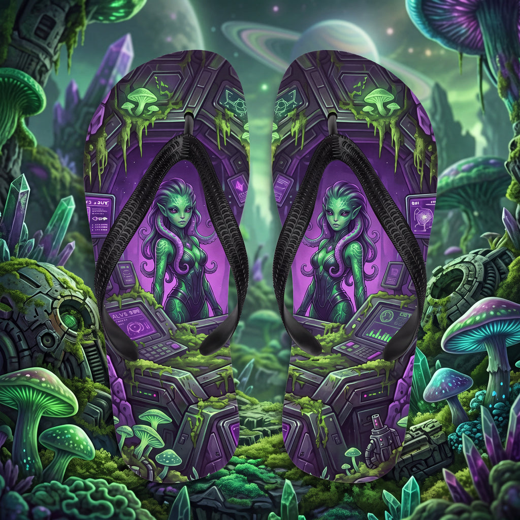 Alien Girl Flip Flops – Green Sci-Fi Laboratory Fantasy Sandals