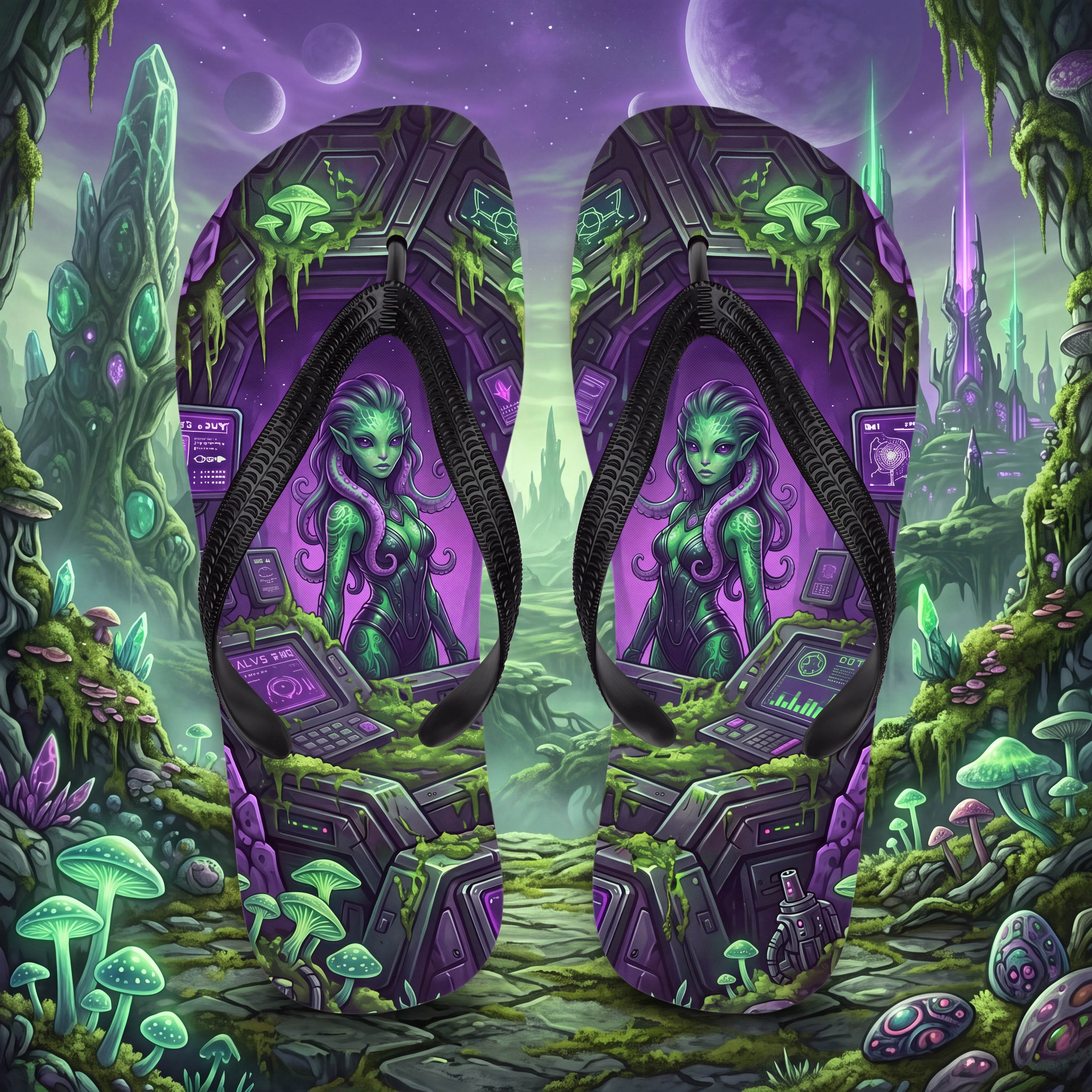 Alien Girl Flip Flops – Green Sci-Fi Laboratory Fantasy Sandals