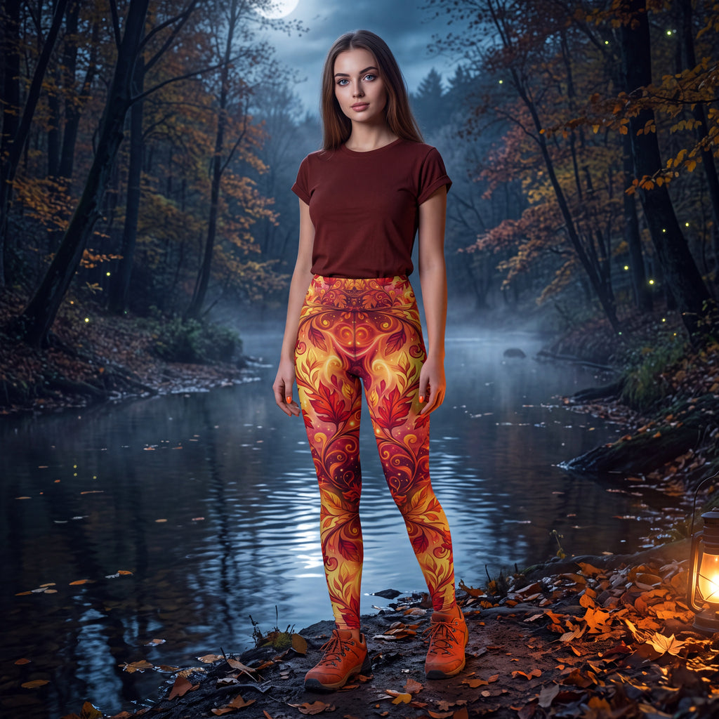 Fall Yoga Leggings | Autumn Leaves & Acorn Fantasy Print