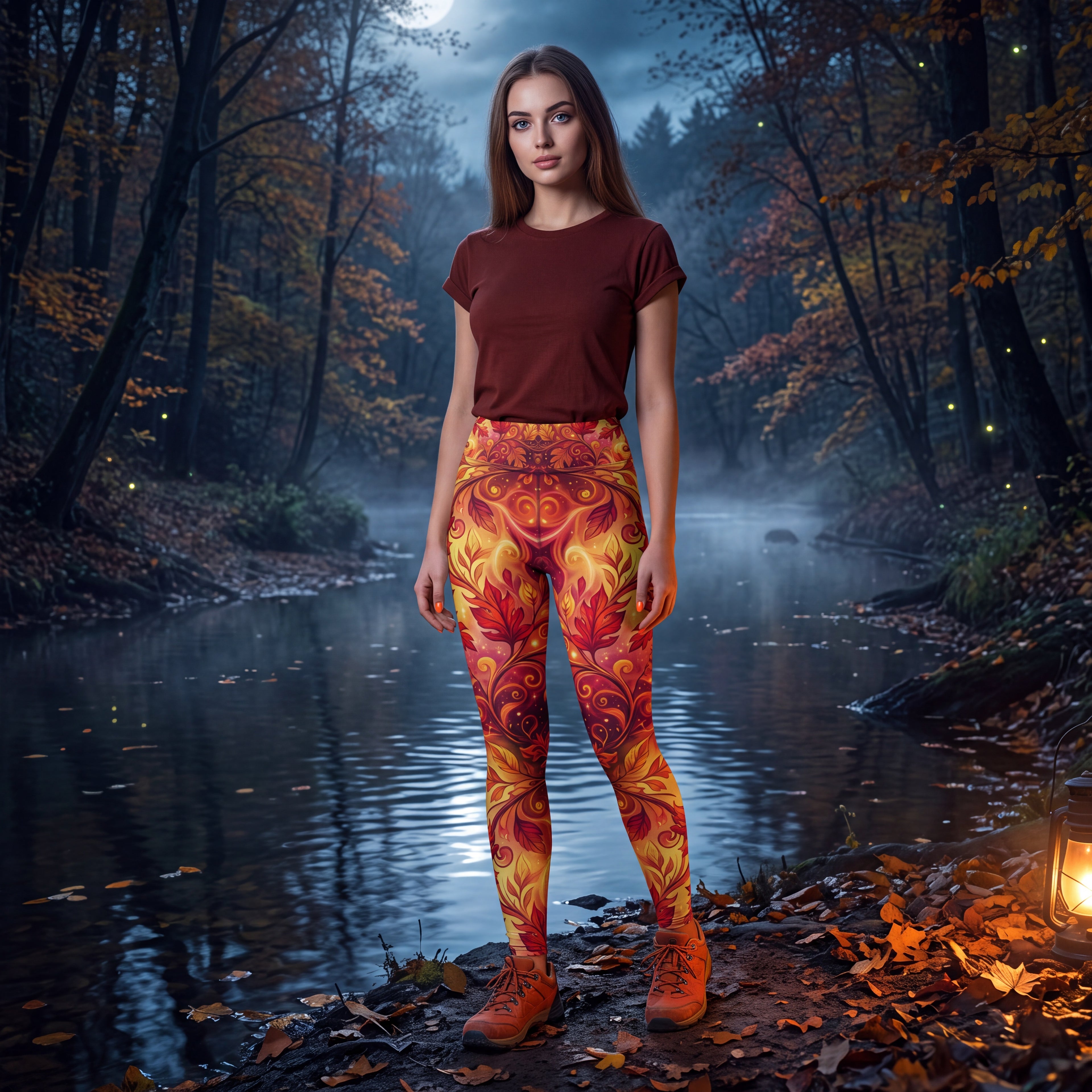 Fall Yoga Leggings | Autumn Leaves & Acorn Fantasy Print
