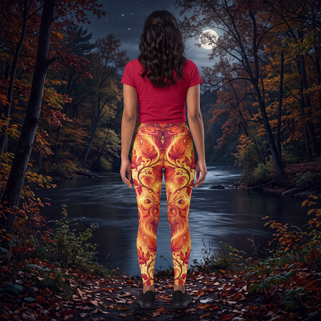 Fall Yoga Leggings | Autumn Leaves & Acorn Fantasy Print