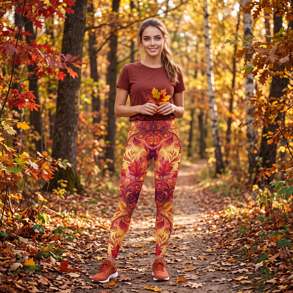 Fall Yoga Leggings | Autumn Leaves & Acorn Fantasy Print