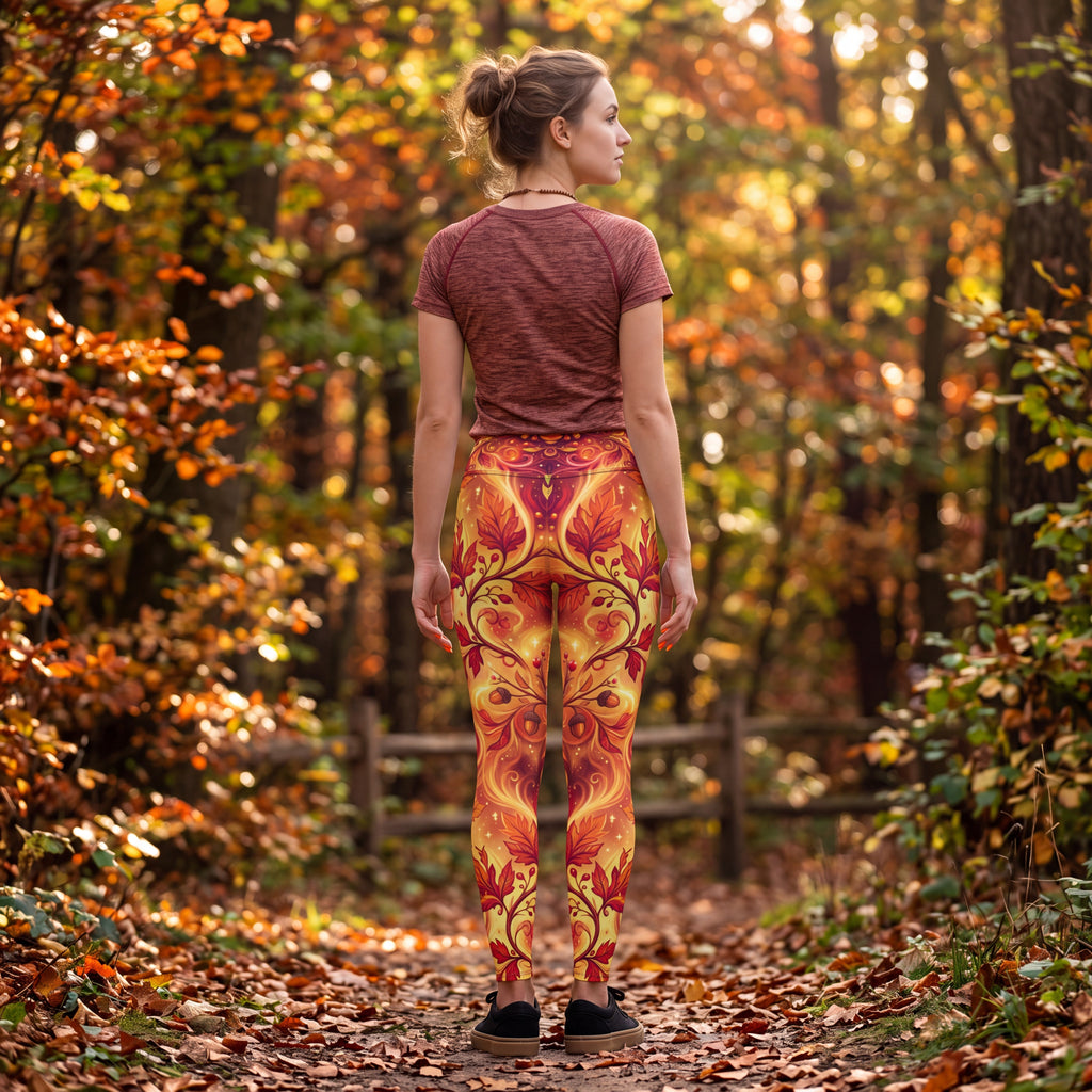 Fall Yoga Leggings | Autumn Leaves & Acorn Fantasy Print