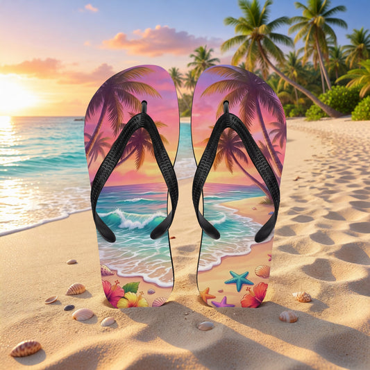 Tropical Sunset Beach Flip Flops | Palm Tree Ocean Sublimation Sandals
