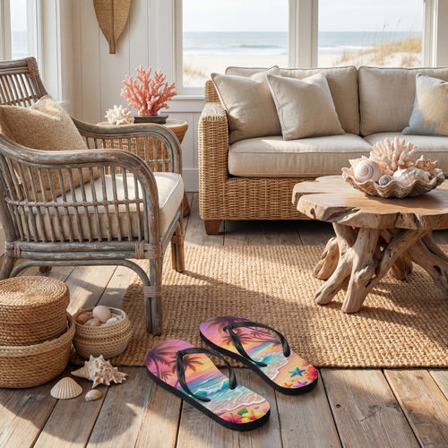 Tropical Sunset Beach Flip Flops | Palm Tree Ocean Sublimation Sandals