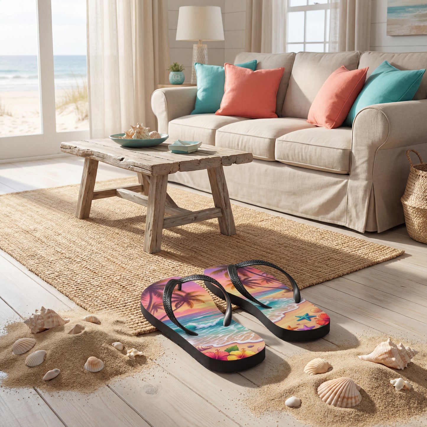 Tropical Sunset Beach Flip Flops | Palm Tree Ocean Sublimation Sandals