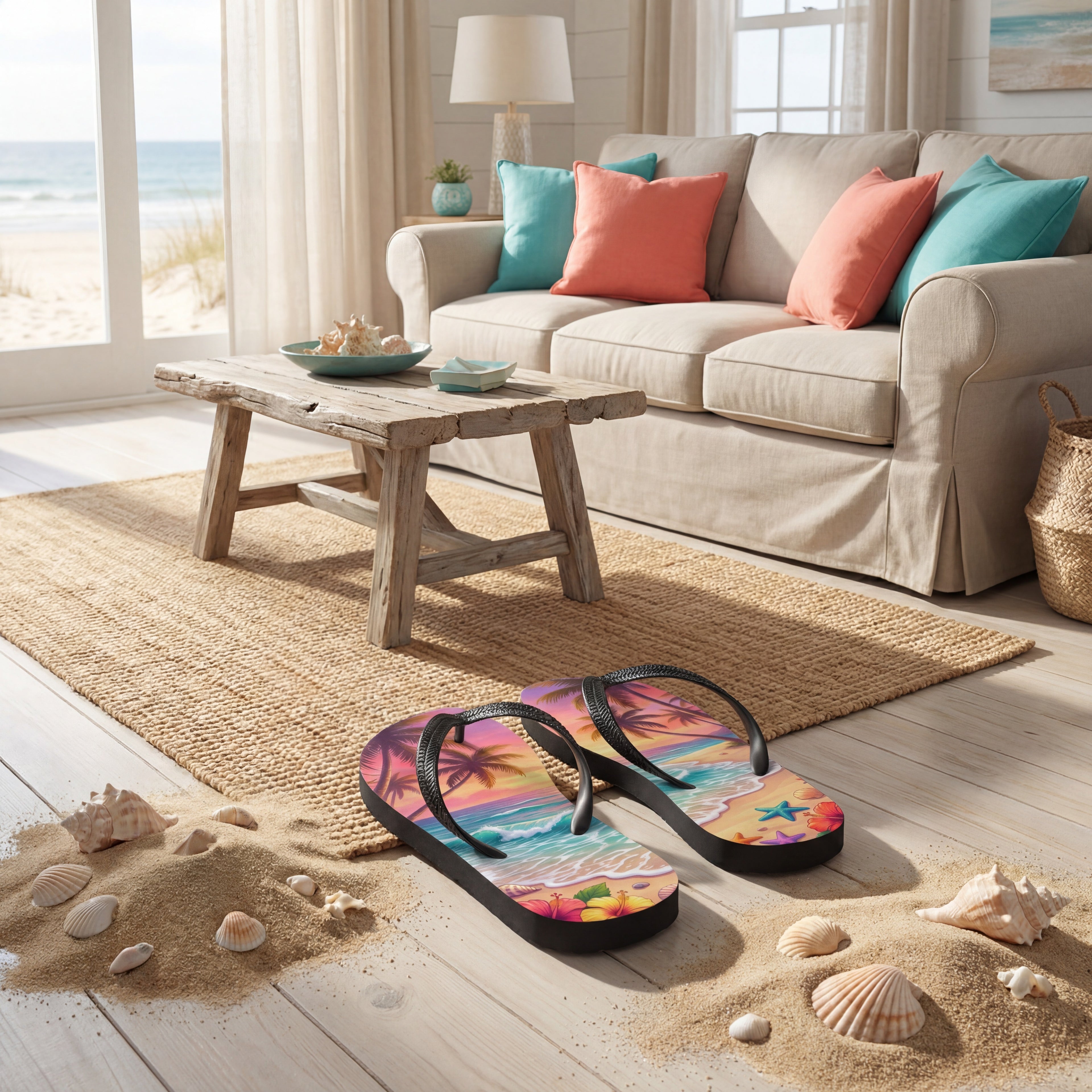 Tropical Sunset Beach Flip Flops | Palm Tree Ocean Sublimation Sandals