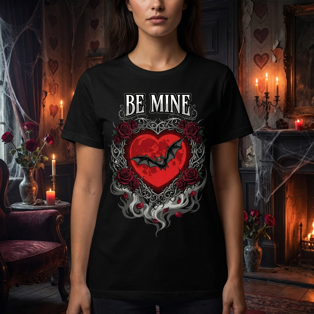 Gothic Valentine Vampir Schwarzes Shirt | „Sei mein“ Fledermaus & Rosen Herz T-Shirt | Dunkle Romantik Gothic