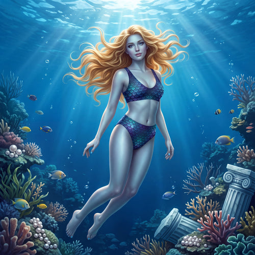 CUT-SEW Blue Mermaid Scale High-Waisted Bikini – Teal Fantasy Mermaidcore Swimwear