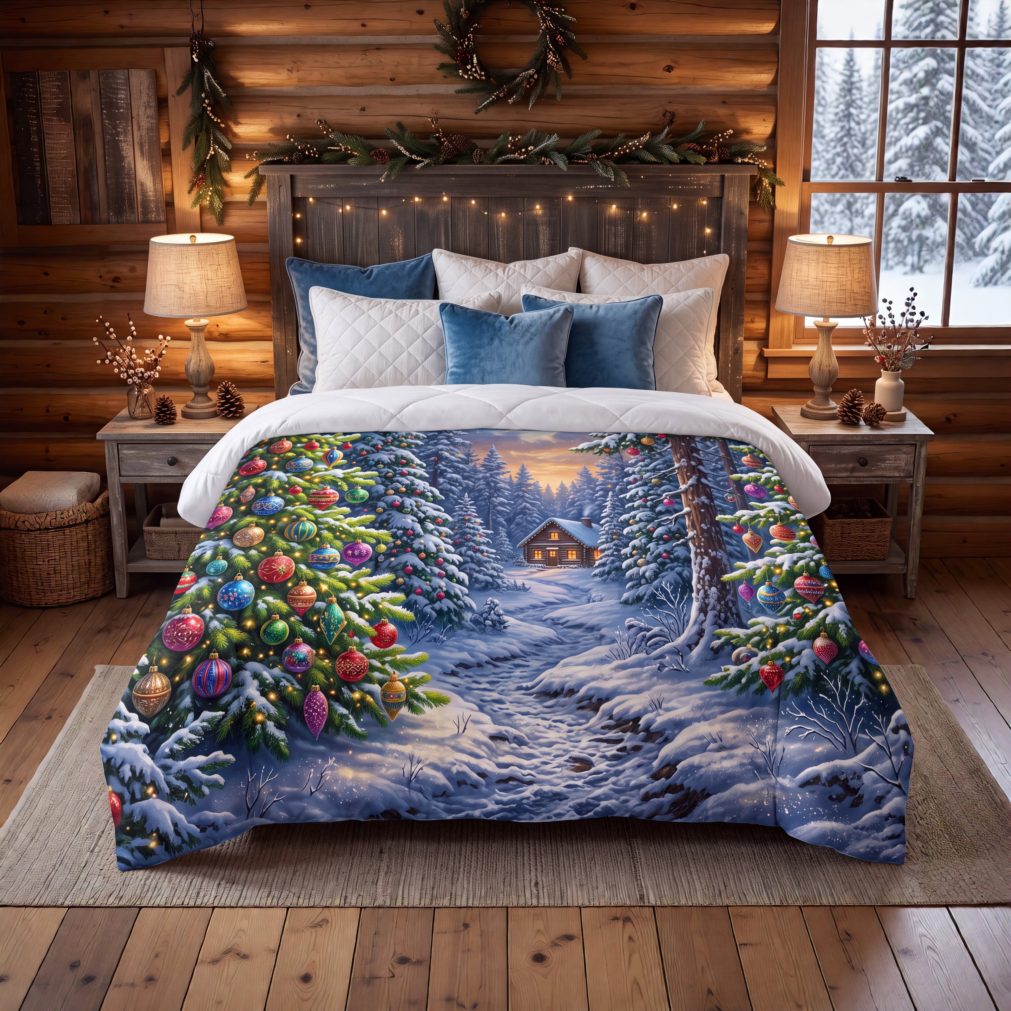 Snowy Christmas Forest Comforter | Colorful Ornament & Cabin Bedding