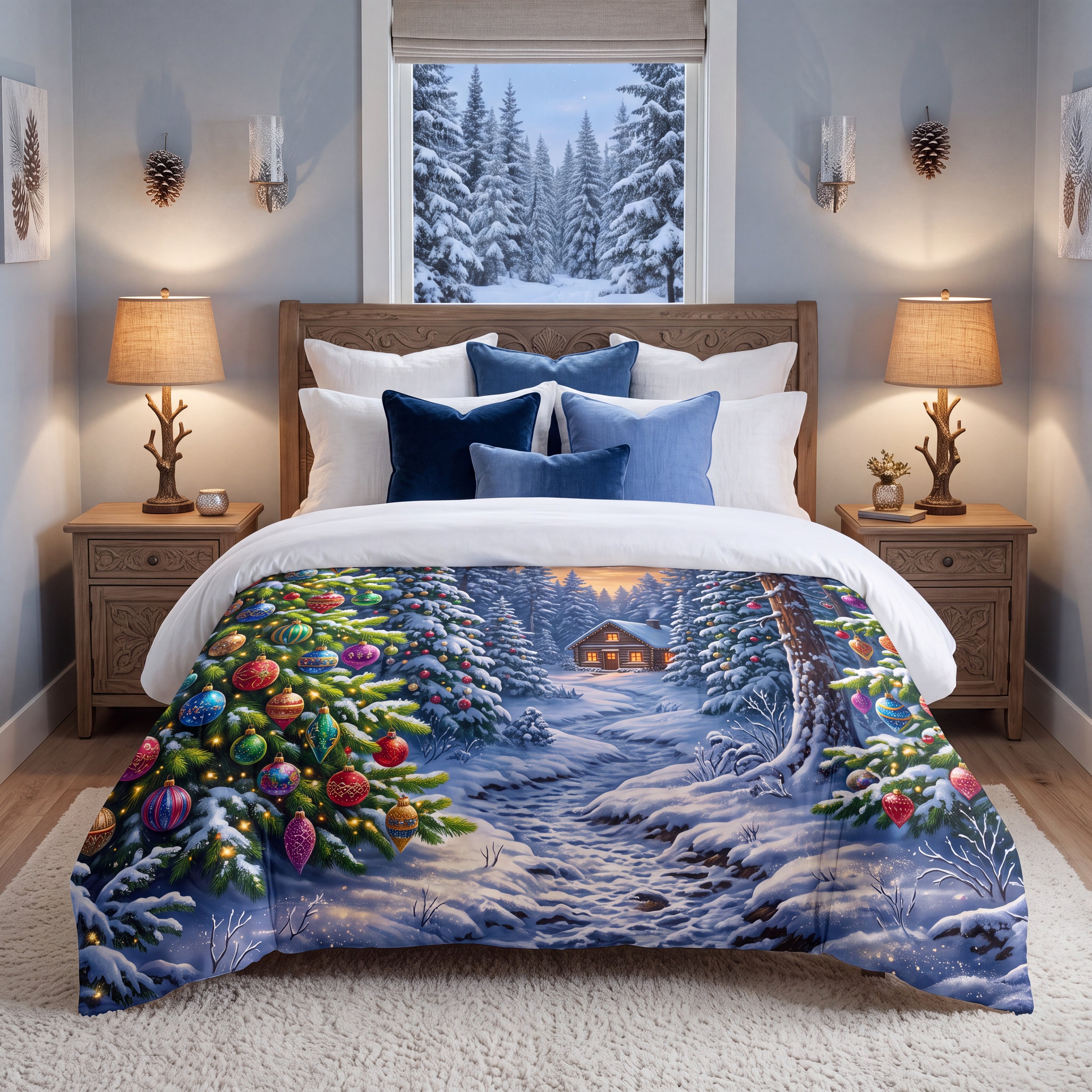 Snowy Christmas Forest Comforter | Colorful Ornament & Cabin Bedding