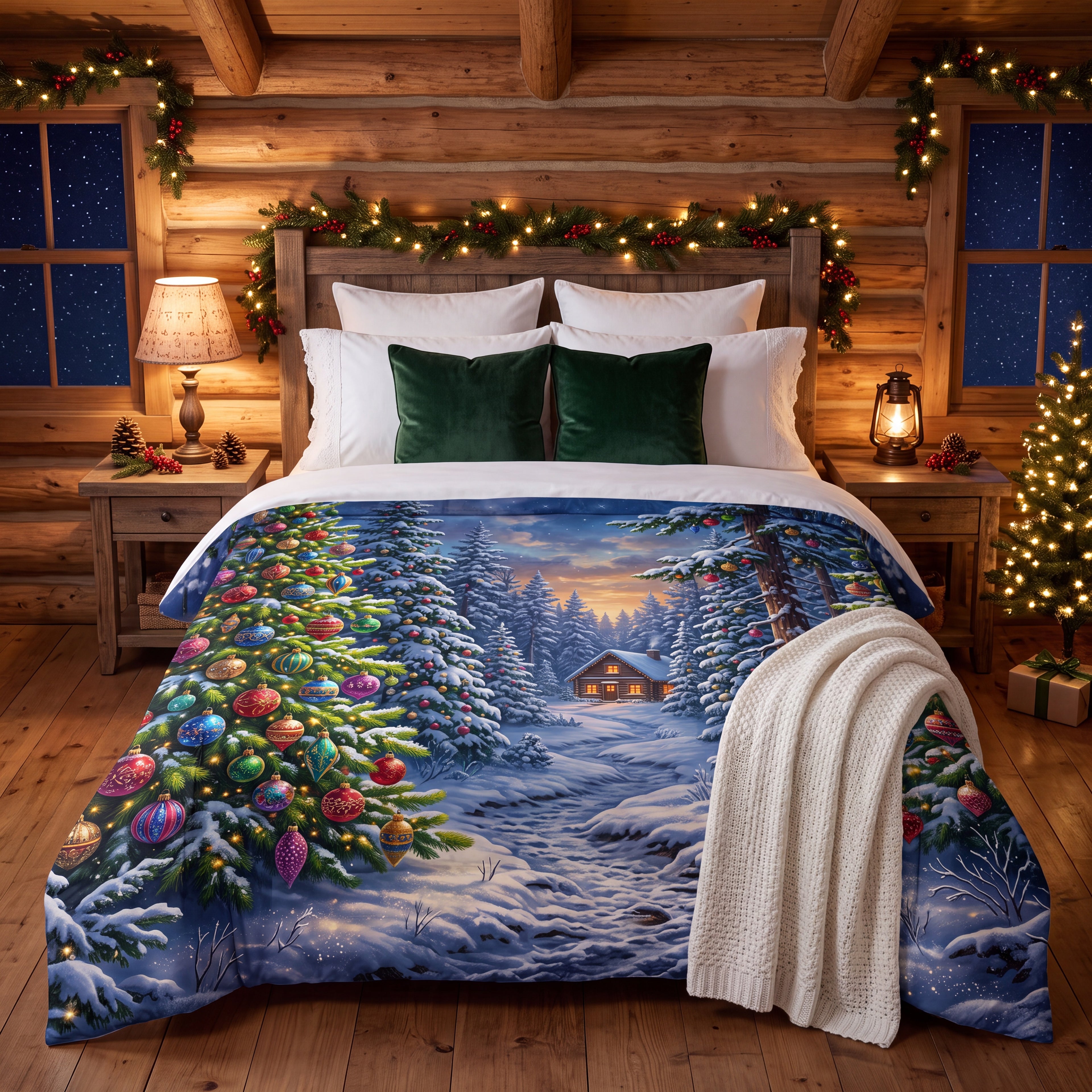 Snowy Christmas Forest Comforter | Colorful Ornament & Cabin Bedding