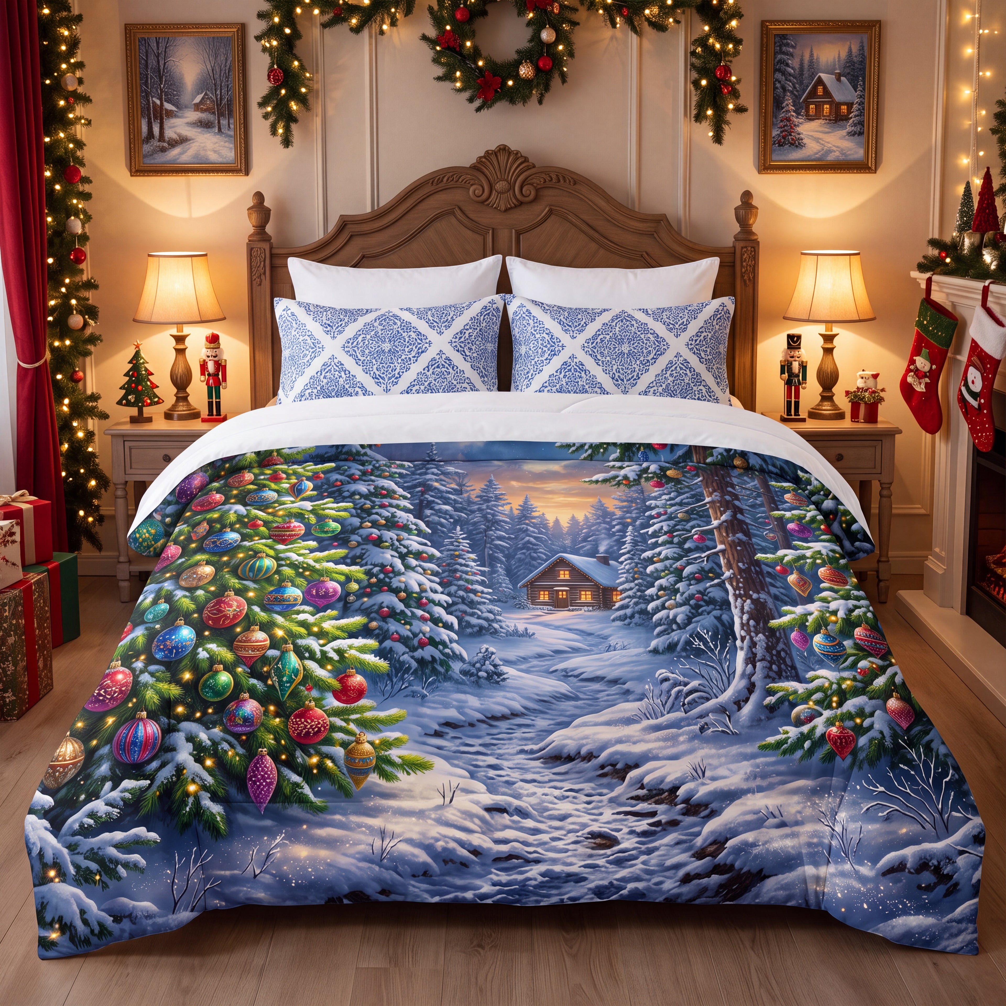 Snowy Christmas Forest Comforter | Colorful Ornament & Cabin Bedding
