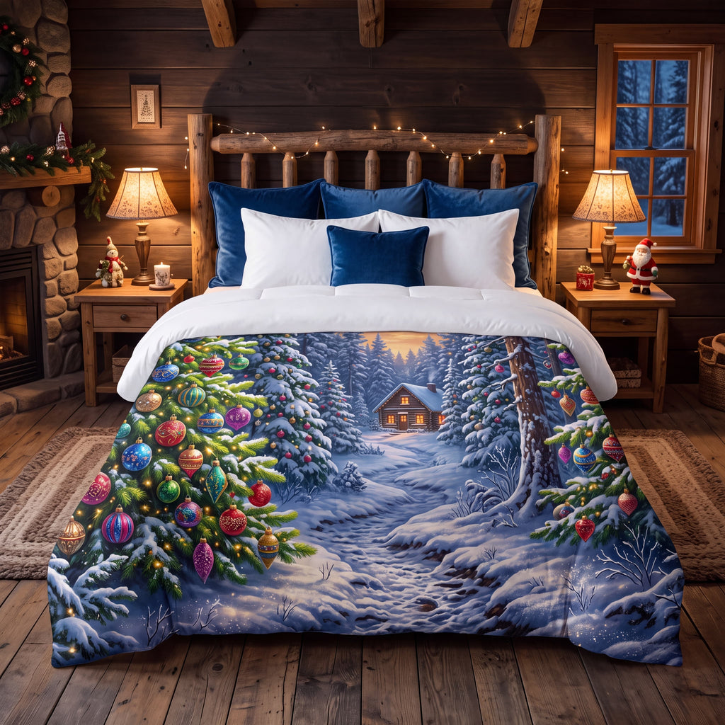 SUBLIMATION Snowy Christmas Forest Comforter | Colorful Ornament & Cabin Bedding