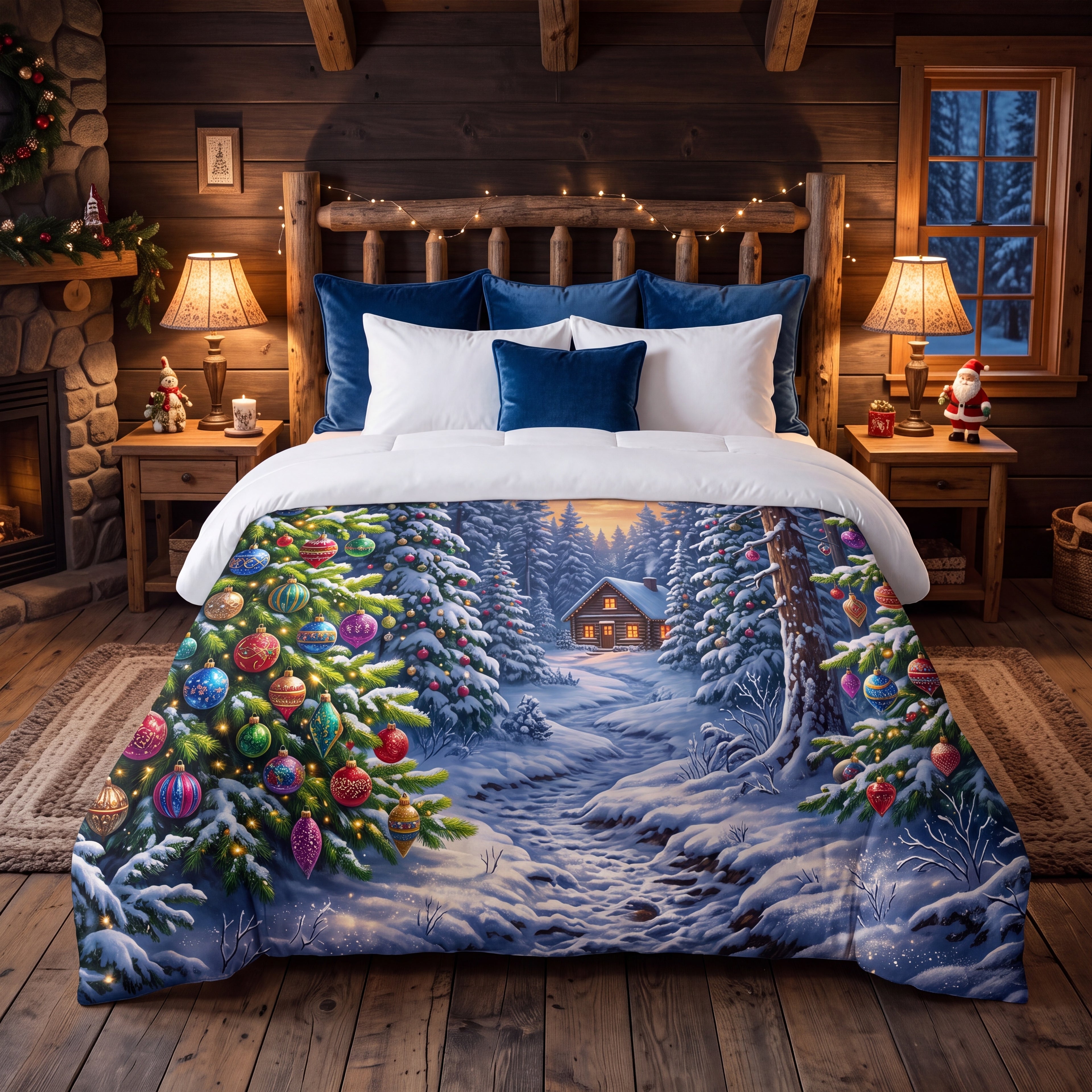 Snowy Christmas Forest Comforter | Colorful Ornament & Cabin Bedding