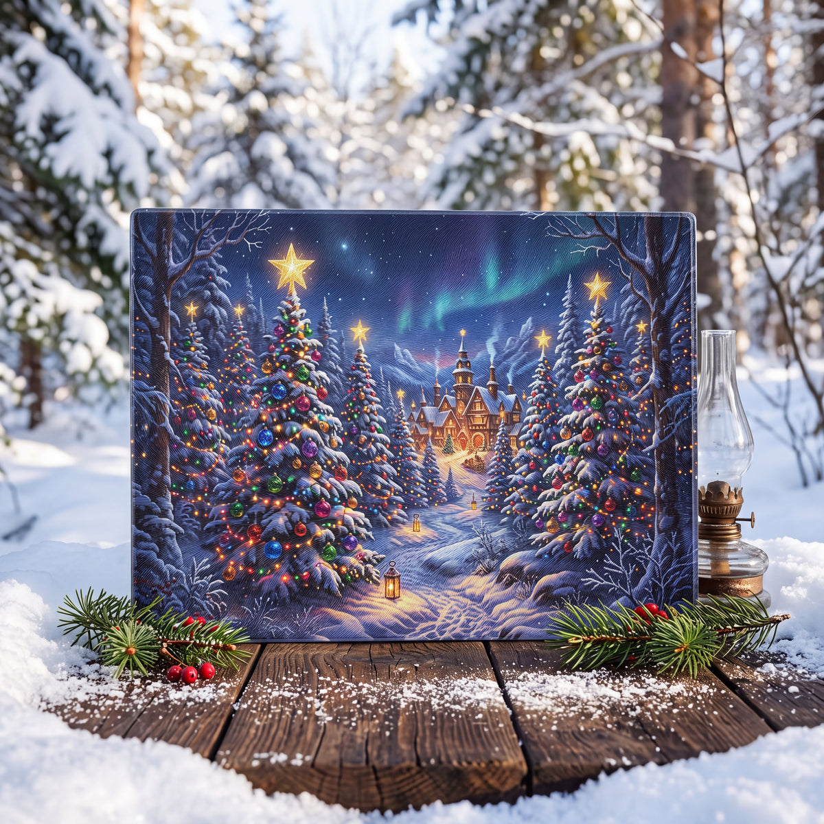 Christmas Village Glass Cutting Board | Snowy Winter Wonderland Holiday Kitchen Decor