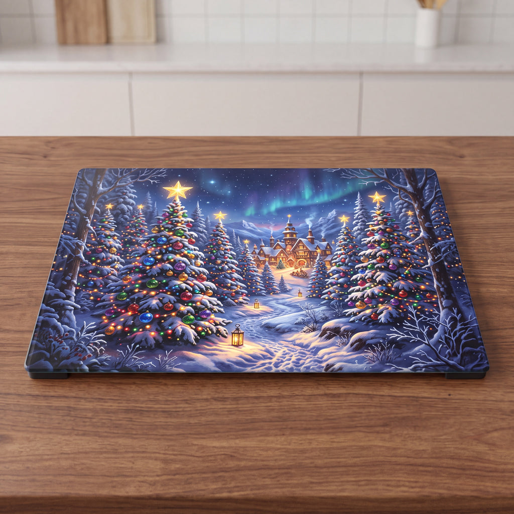 Christmas Village Glass Cutting Board | Snowy Winter Wonderland Holiday Kitchen Decor