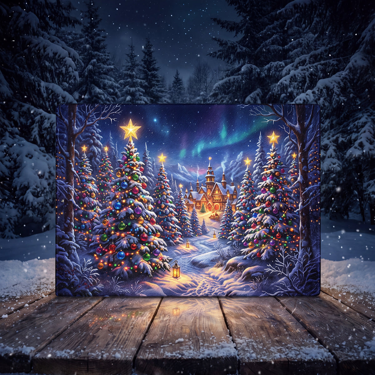 Christmas Village Glass Cutting Board | Snowy Winter Wonderland Holiday Kitchen Decor