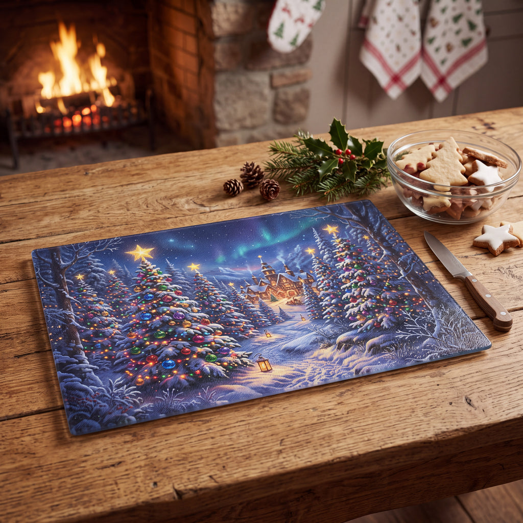 Christmas Village Glass Cutting Board | Snowy Winter Wonderland Holiday Kitchen Decor