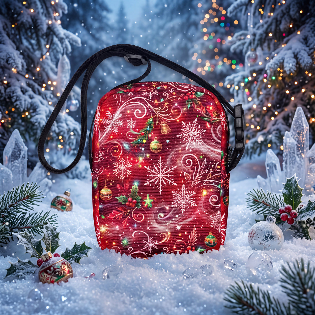 Christmas Ornament Utility Crossbody Bag – Red Holiday Swirl Print
