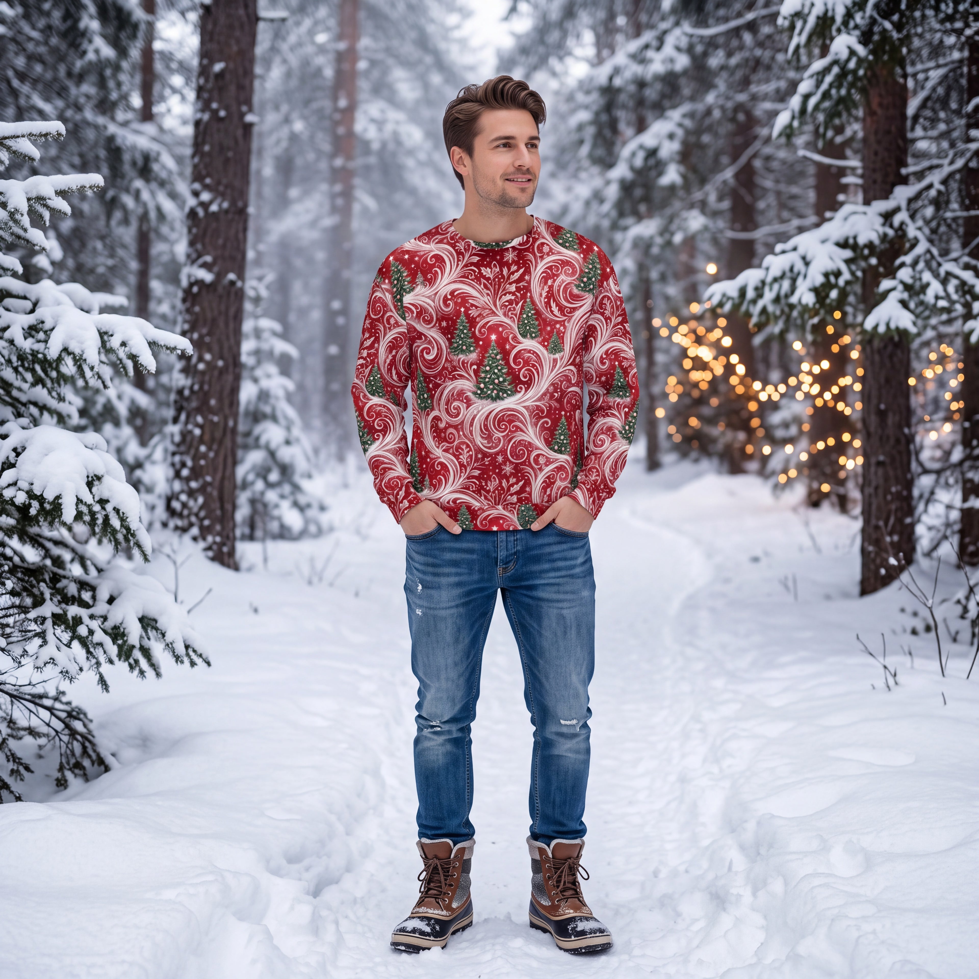 Christmas Tree Sweatshirt – Red & White Festive Holiday Swirl Unisex Pullover