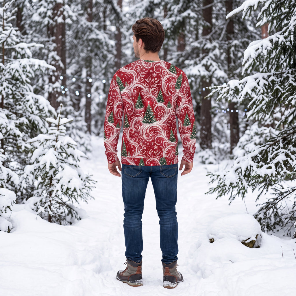 Christmas Tree Sweatshirt – Red & White Festive Holiday Swirl Unisex Pullover