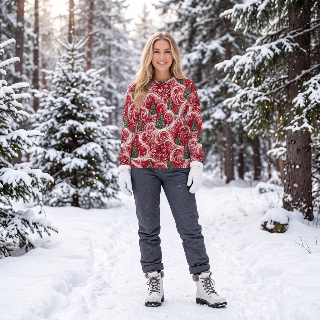 Christmas Tree Sweatshirt – Red & White Festive Holiday Swirl Unisex Pullover