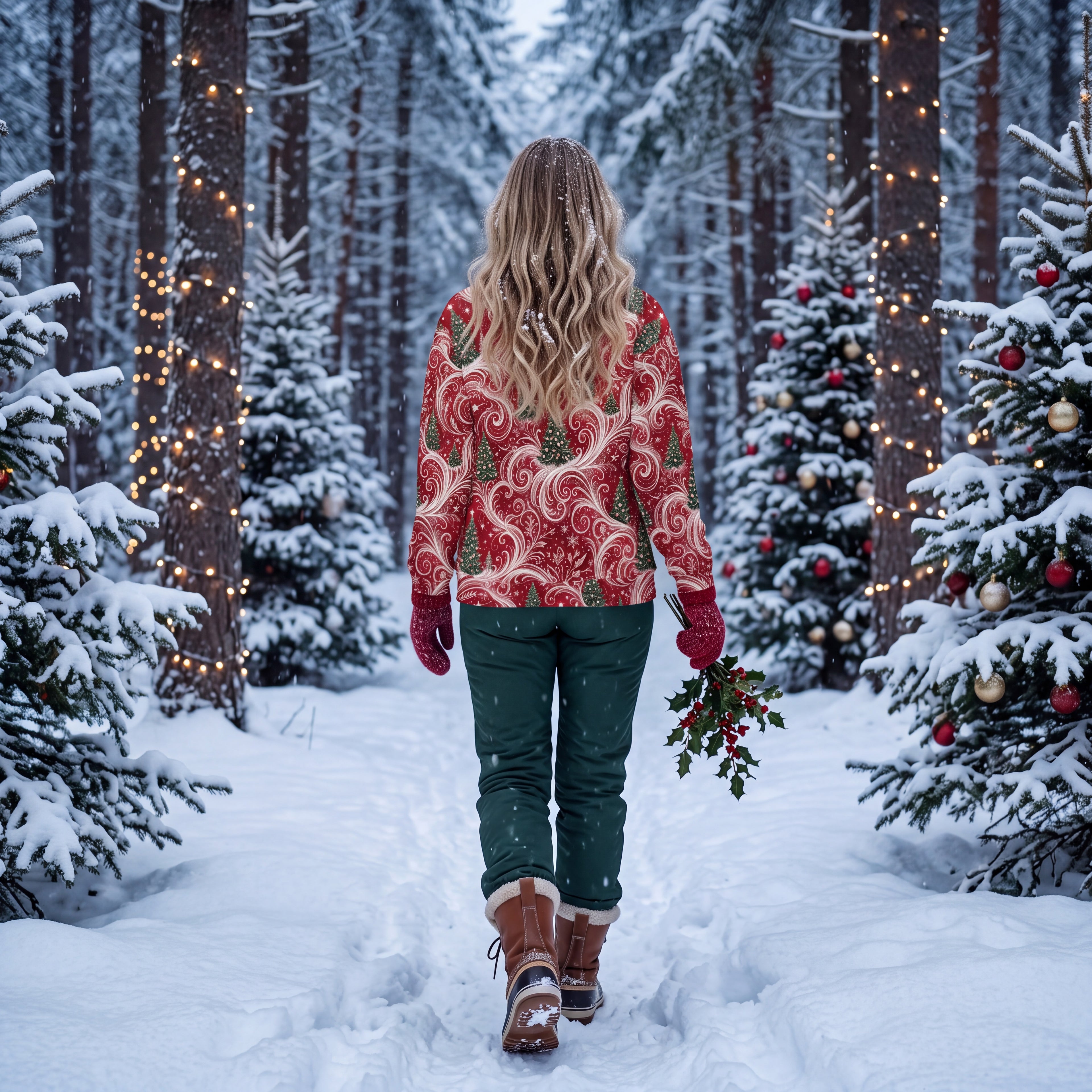 Christmas Tree Sweatshirt – Red & White Festive Holiday Swirl Unisex Pullover
