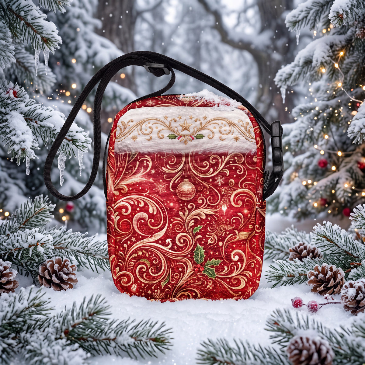 Christmas Ornament Crossbody Bag – Red White & Gold Holiday Utility Purse