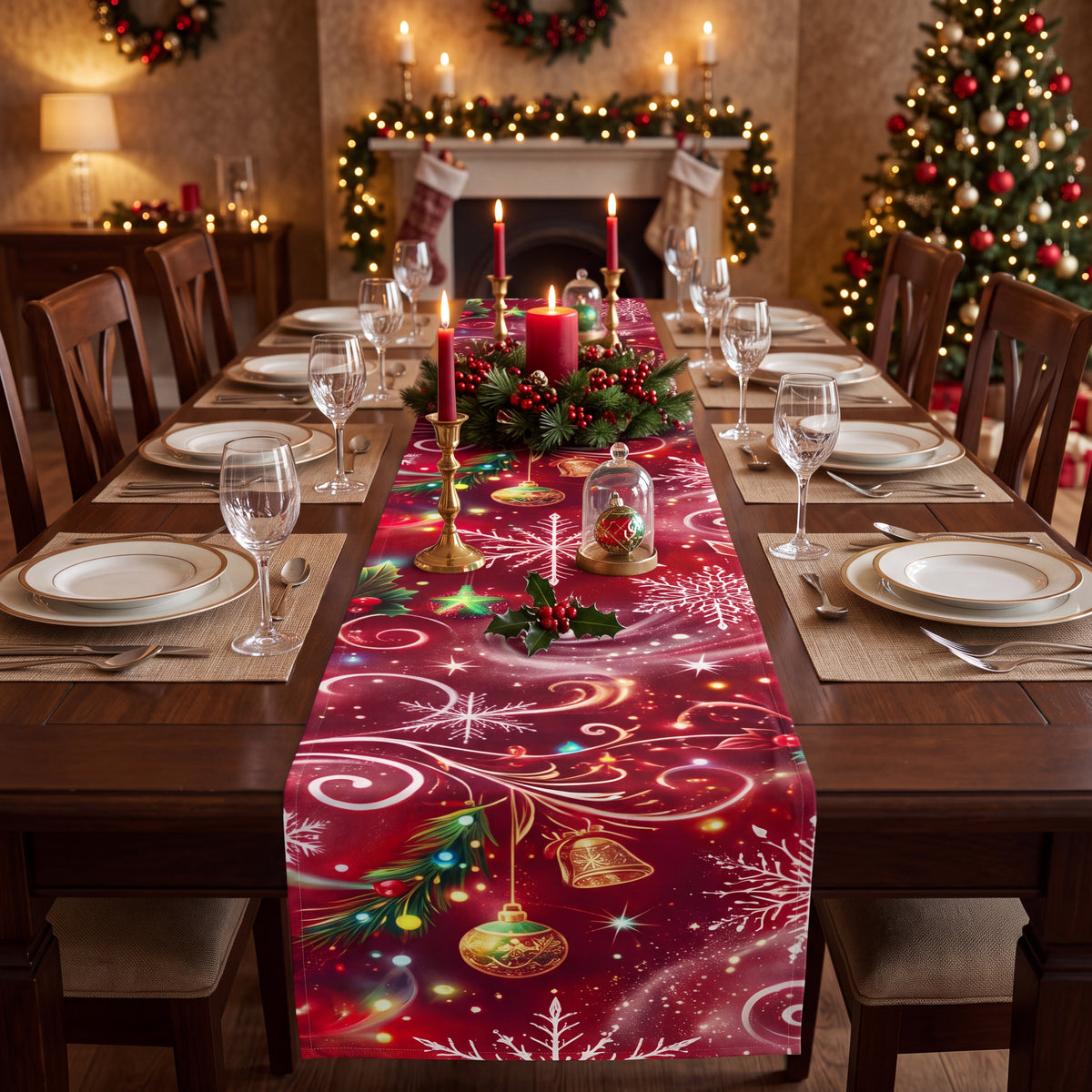 Red Christmas Table Runner – Snowflakes, Ornaments & Holly Holiday Table Decor