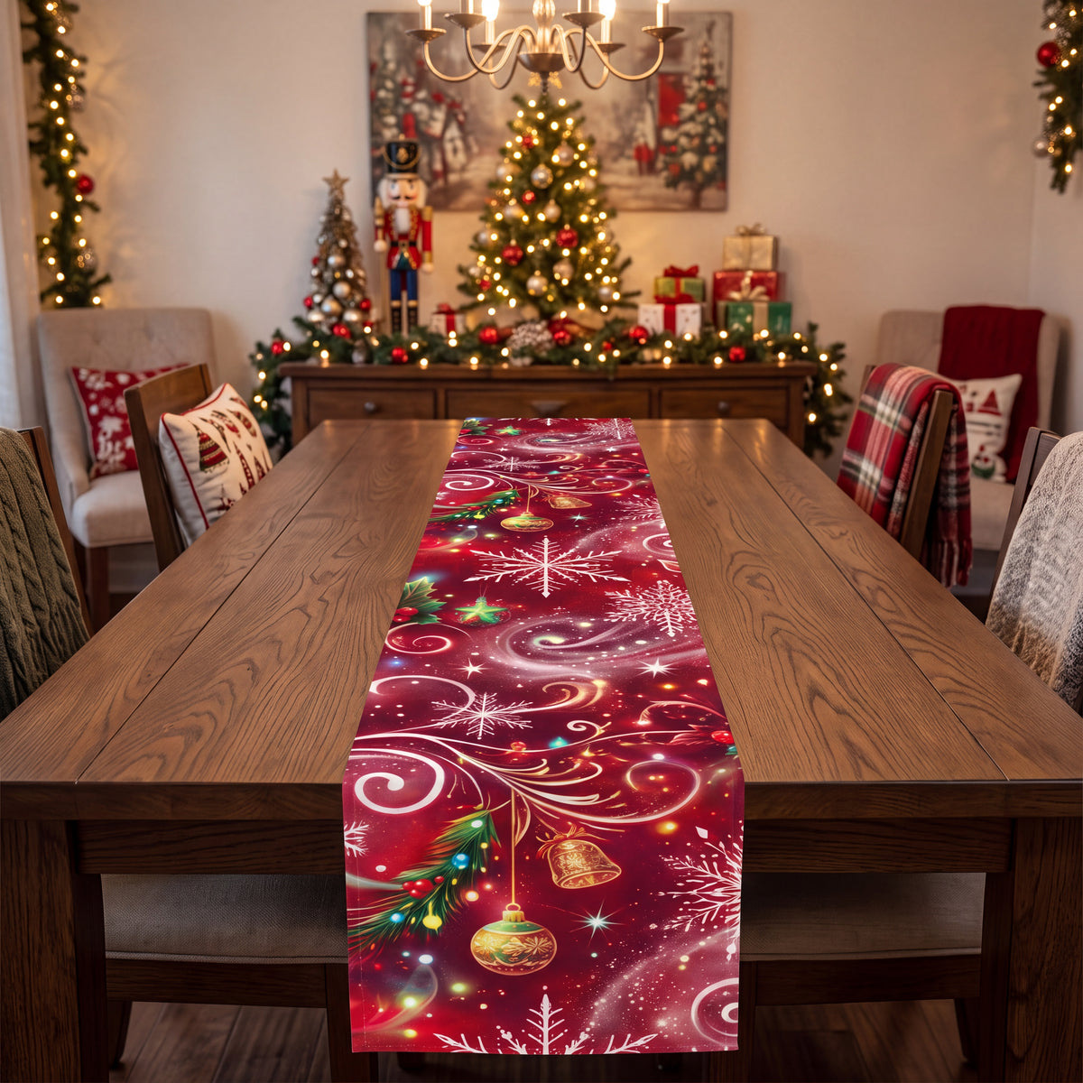 Red Christmas Table Runner – Snowflakes, Ornaments & Holly Holiday Table Decor