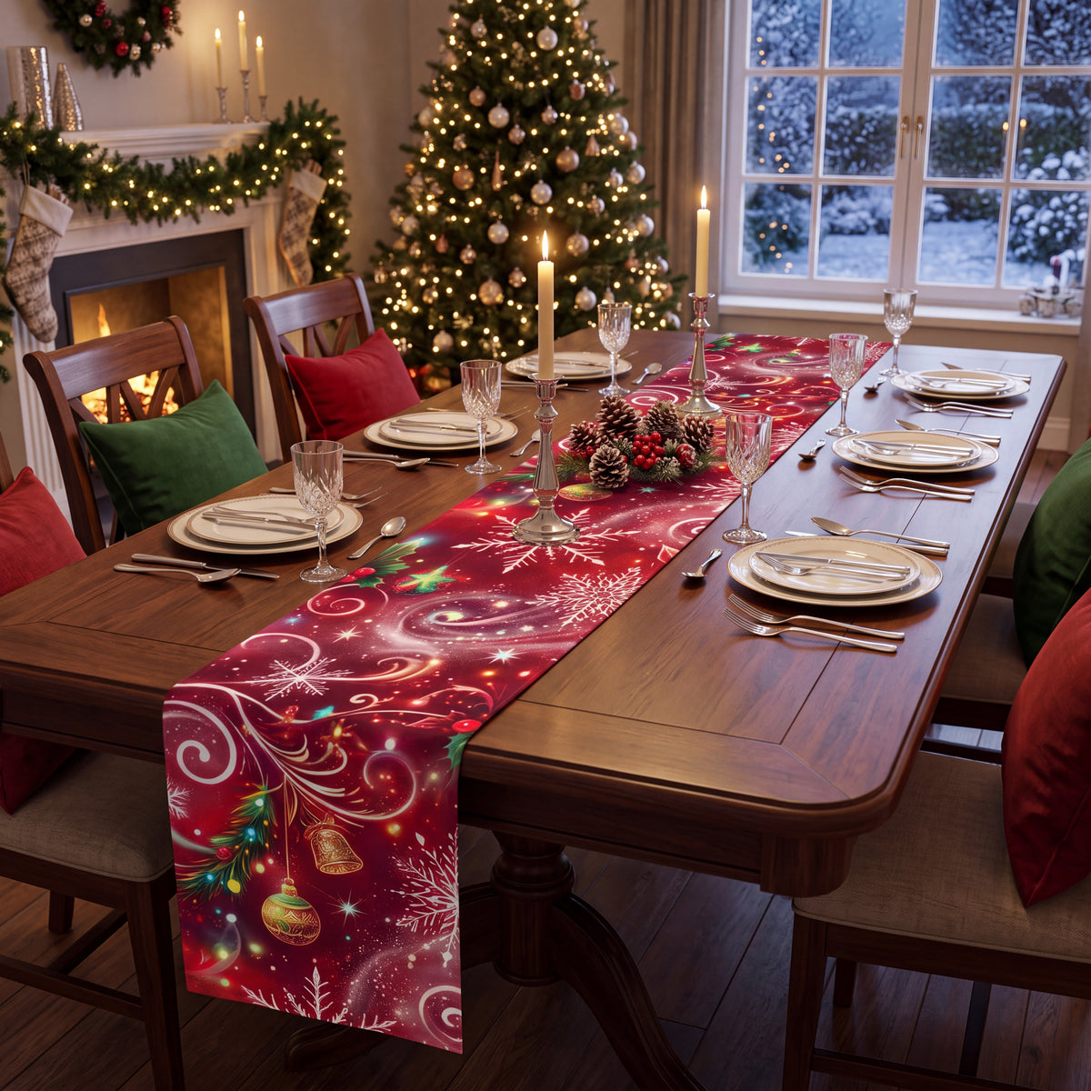 Red Christmas Table Runner – Snowflakes, Ornaments & Holly Holiday Table Decor