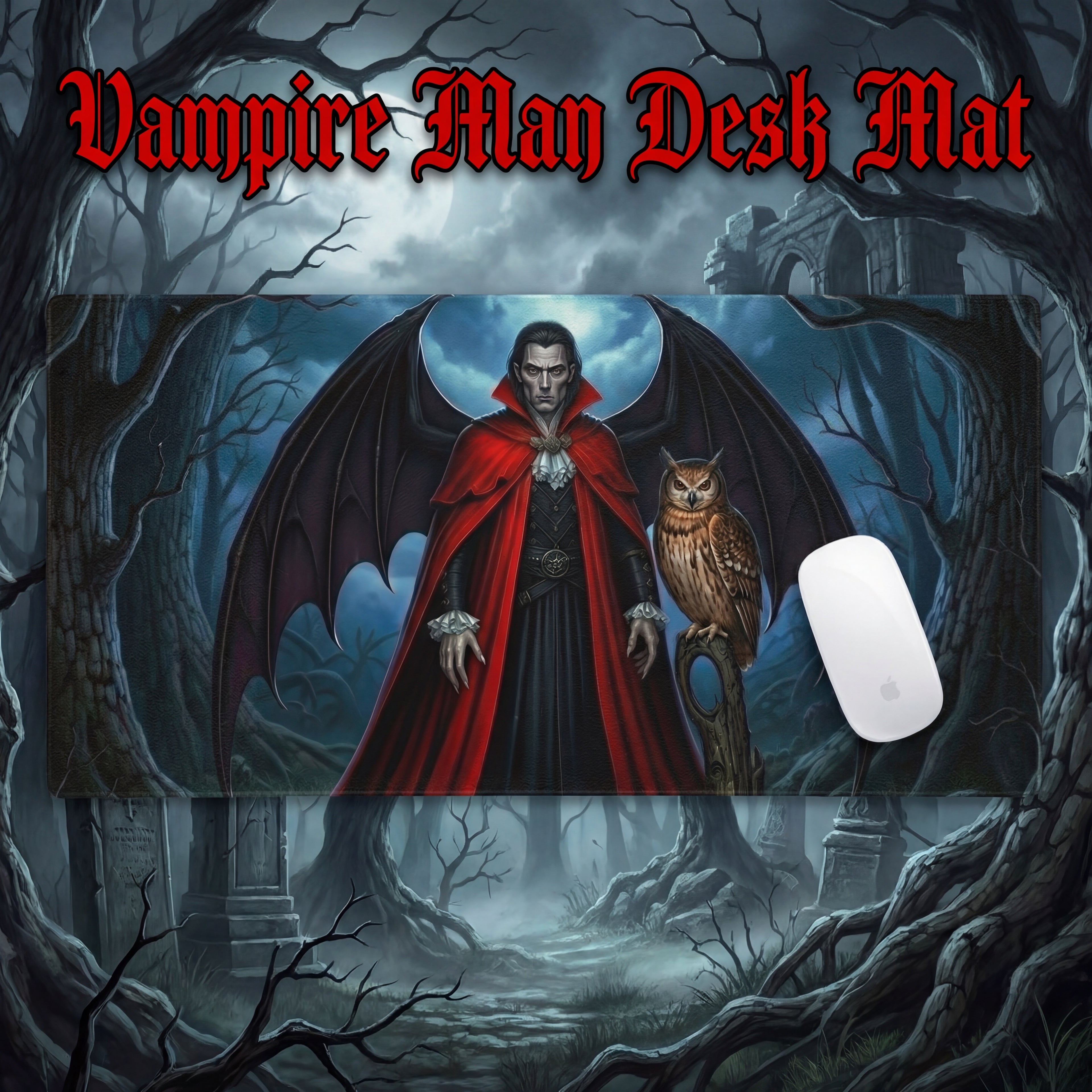 Crimson Vampire Lord Gaming Mouse Pad | Gothic Moonlit Desk Mat
