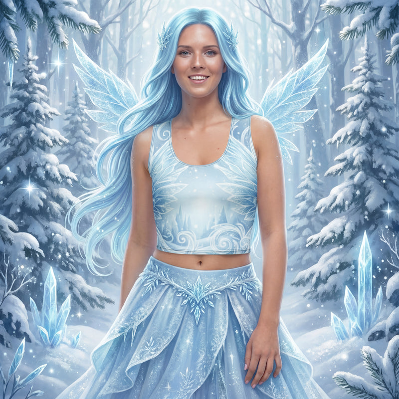 Winter Fairy Crop Top | Frost Filigree Damask Print | All-Over Print Activewear